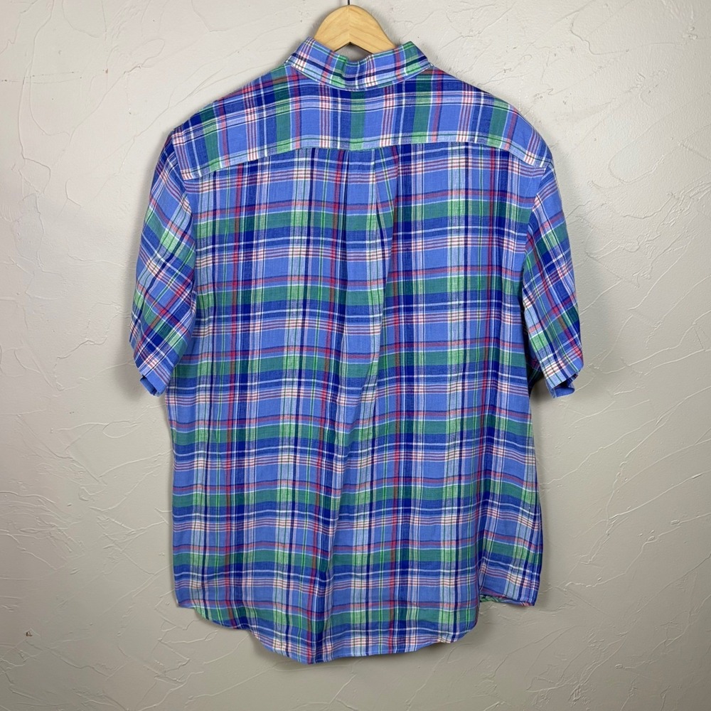 Ralph Lauren Linen Plaid Shirt XL Preppy Blue Button Down Short Sleeve Mens Top - Picture 2 of 11